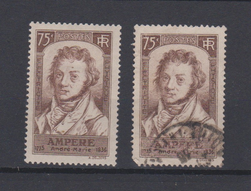 France 1936 Death Centenary Ampere S.G. 543 m/m and used 75c brown.