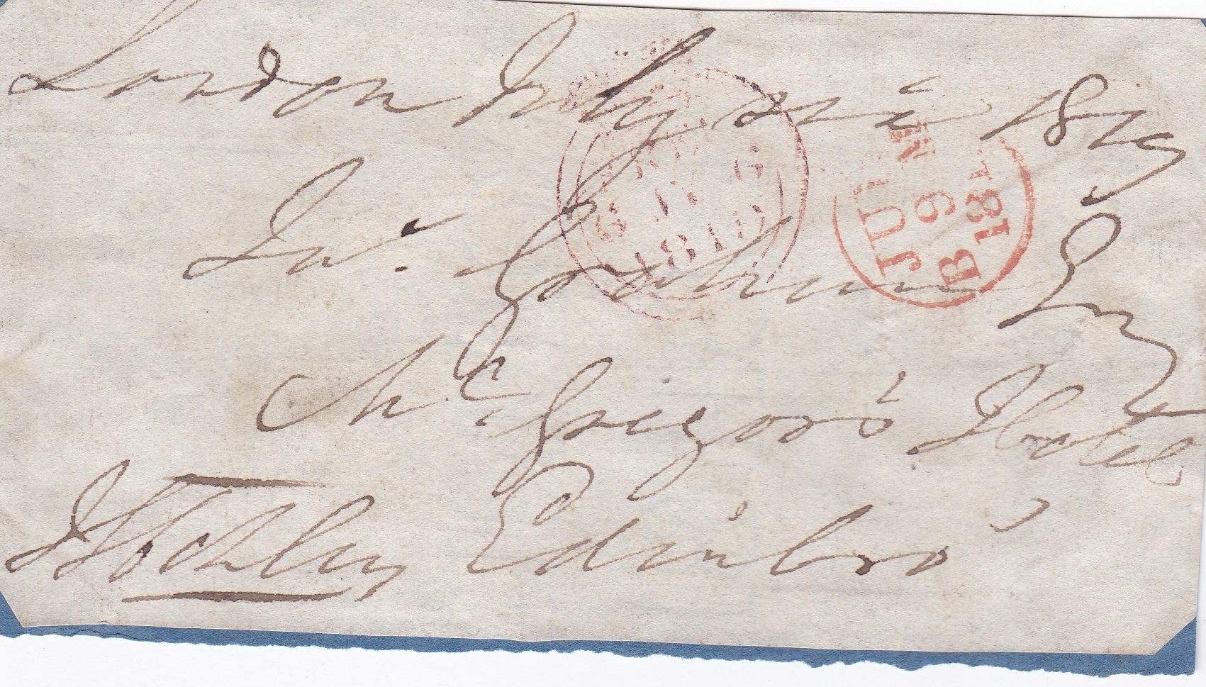 Great Britain 1819-29 - 2x folded envelope fronts mounted on card. (1) headed London 6th 1819 posted