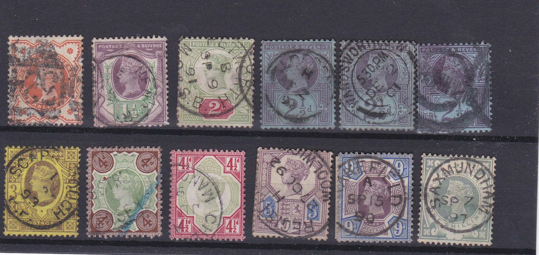 Great Britain 1887-92 SG 197, 198, 200, 201 x3, 202, 205-207, 209, 211 used. Cat value £597