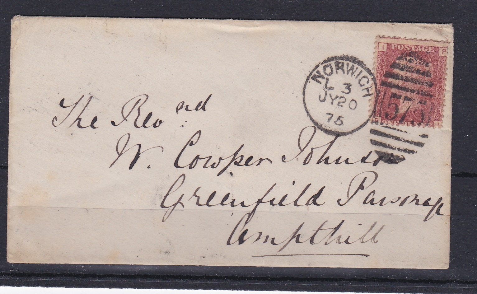 Great Britain 1875-Envelope posted to Ampthill cancelled 20.7.1875 Norwich with single ring cancel