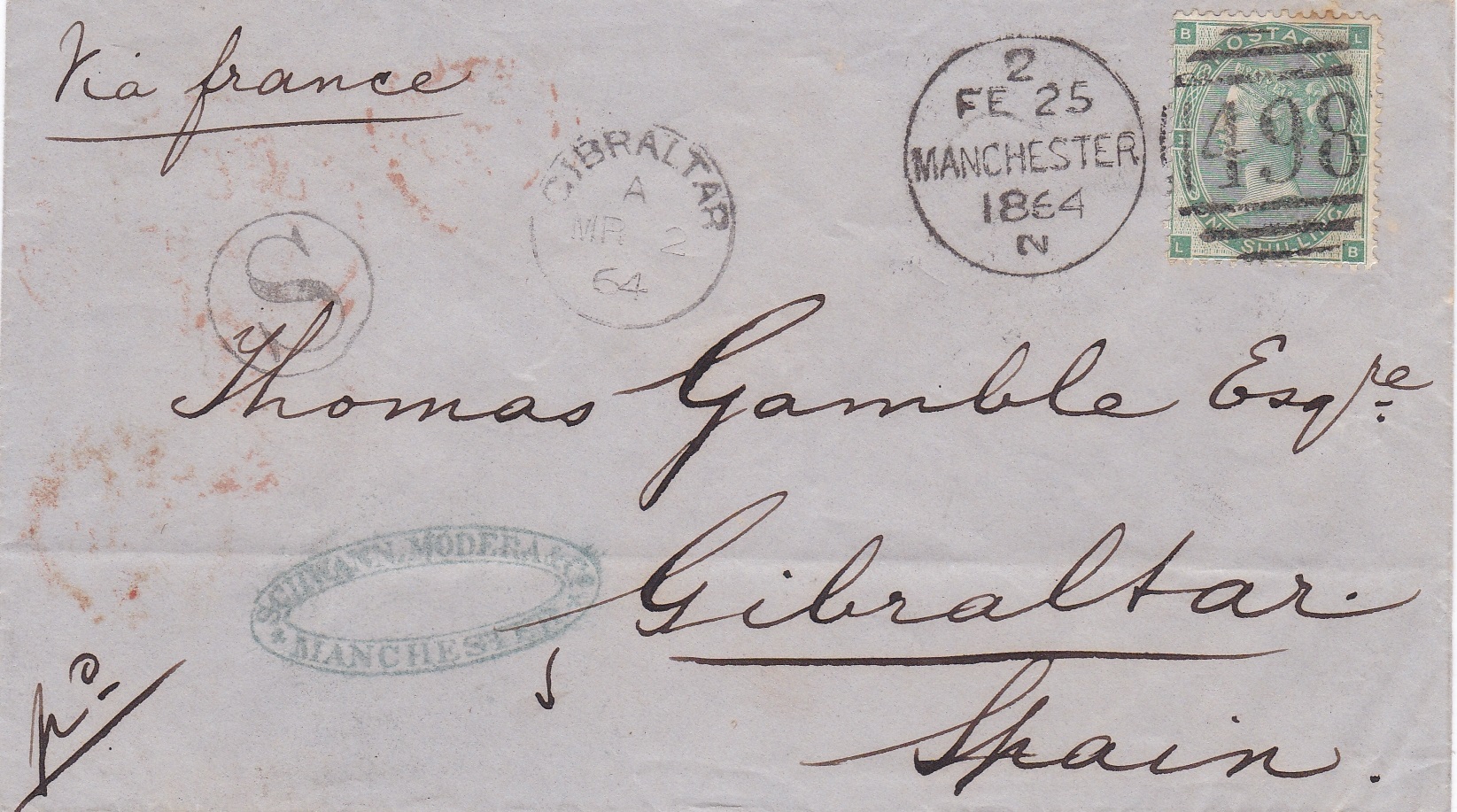 Great Britain 1864 Envelope Manchester to Gibraltar 'Via France' with Manchester '494' on 1862 1/-
