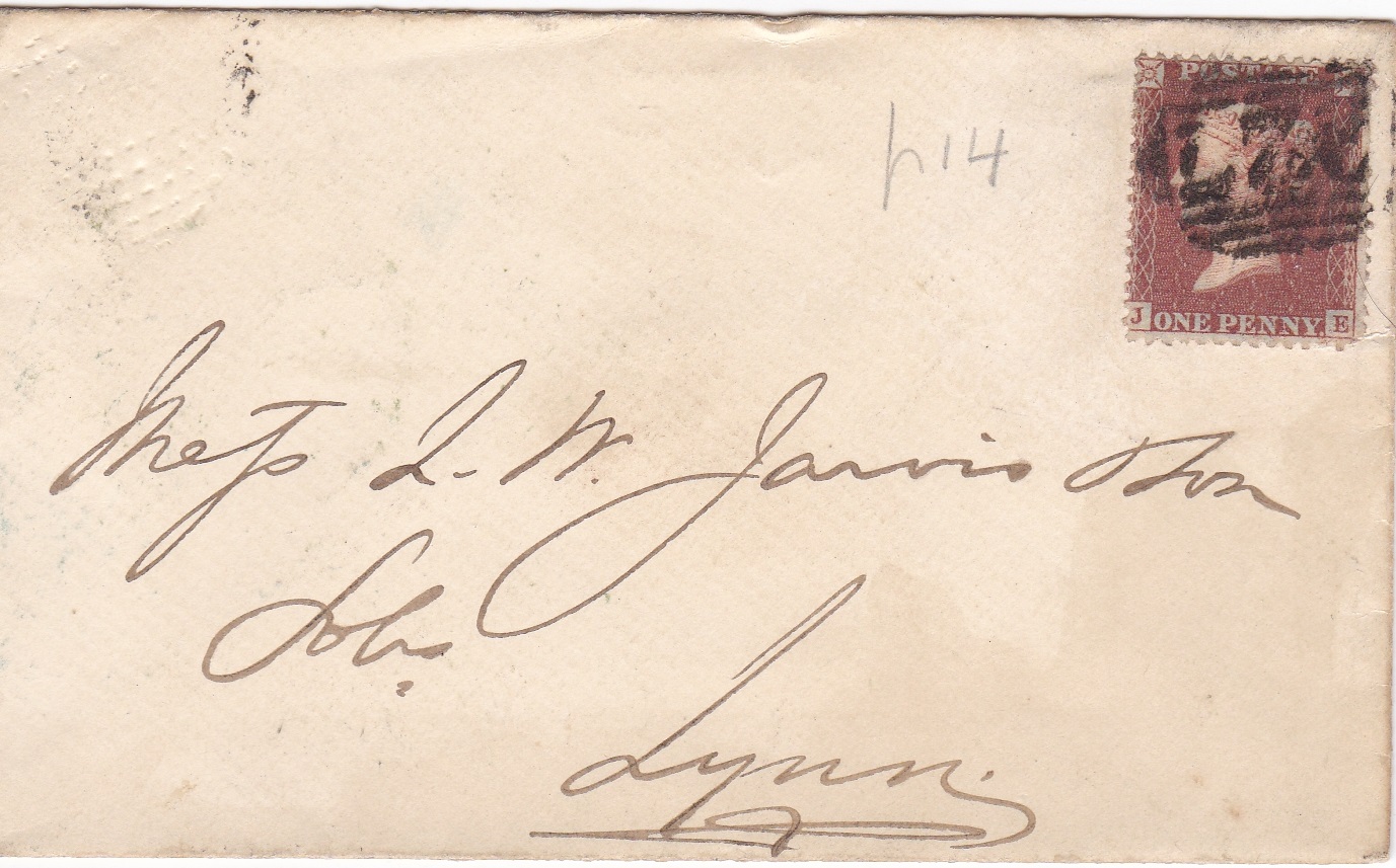 Great Britain 1856-Envelope posted to Lynn cancelled with 227 numeral town strike on SG29-1d red