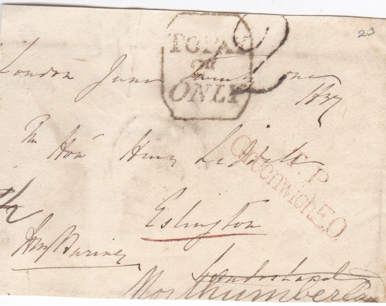 Great Britain pre-stamp front posted to Northumberland with boxed 'To Pay 2d' and red two line T.