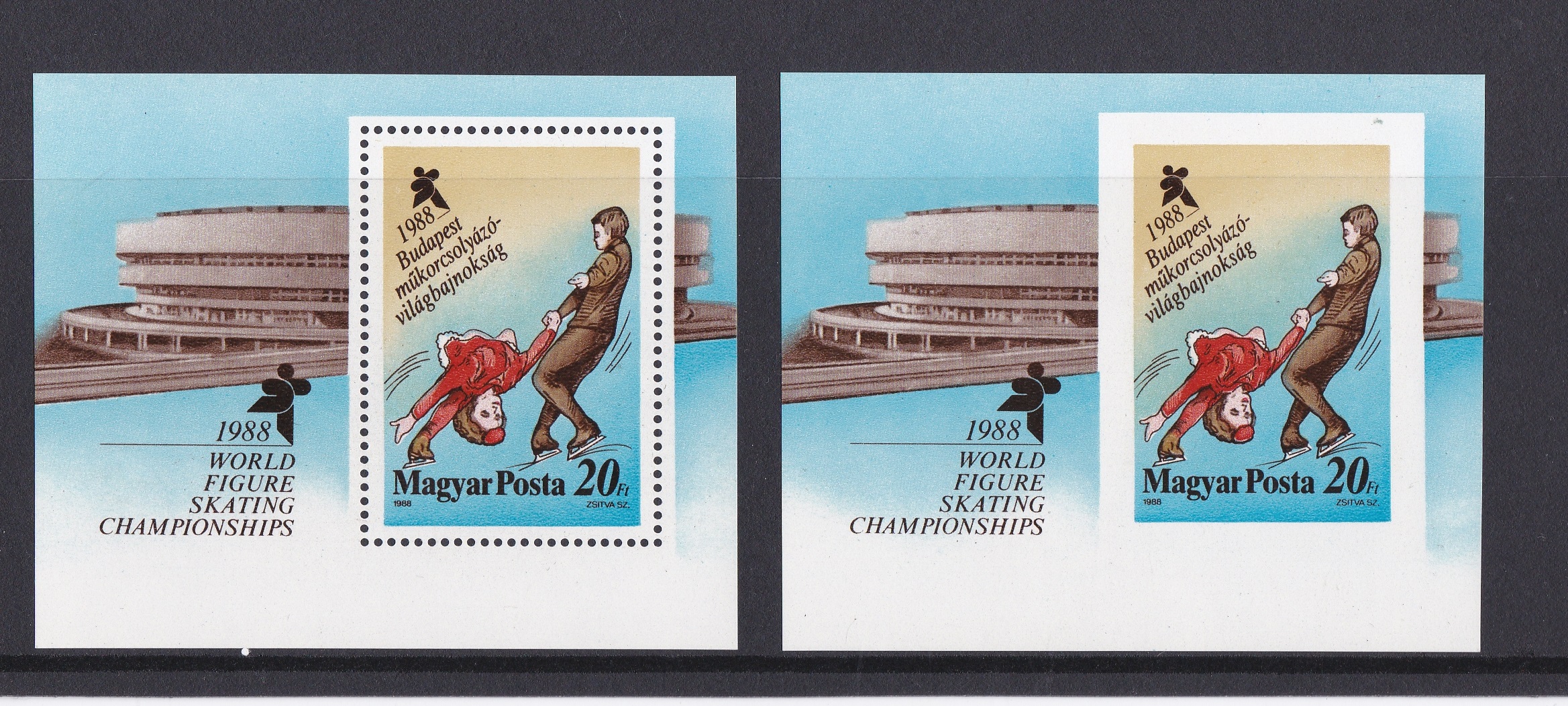 Hungary 1988 World Figure Skating Champions S.G. MS3831 u/m perf and imperf miniature sheets, Michel