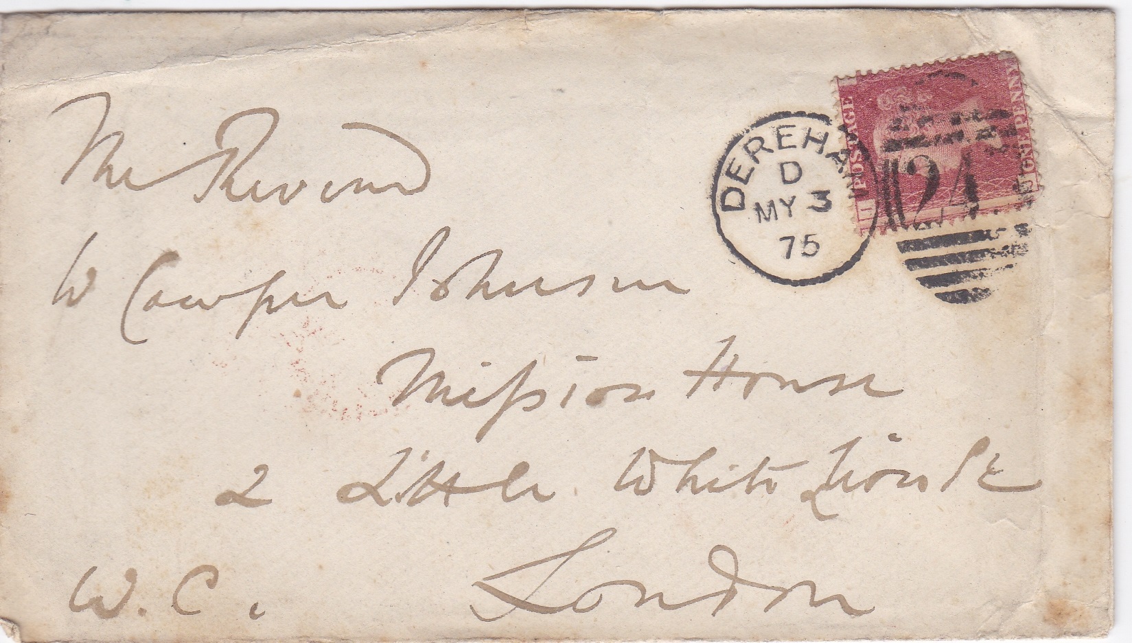 Great Britain-1875 Envelope posted to London cancelled 3.5.1875 with Dereham cds and 245 numeral