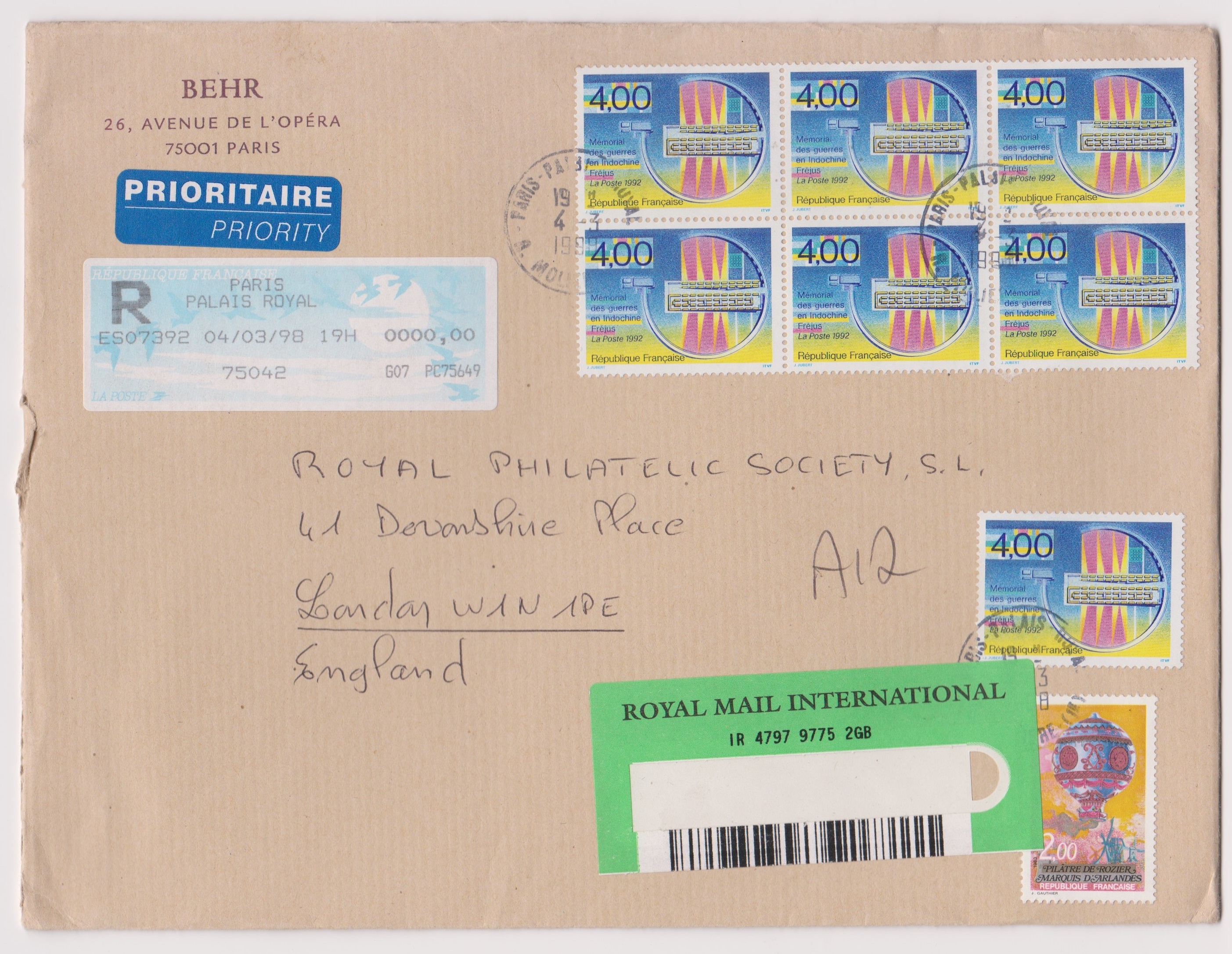 France 1993-2001 Group of (9) Philatelic A5 covers posted registered airmail to UK with variety of