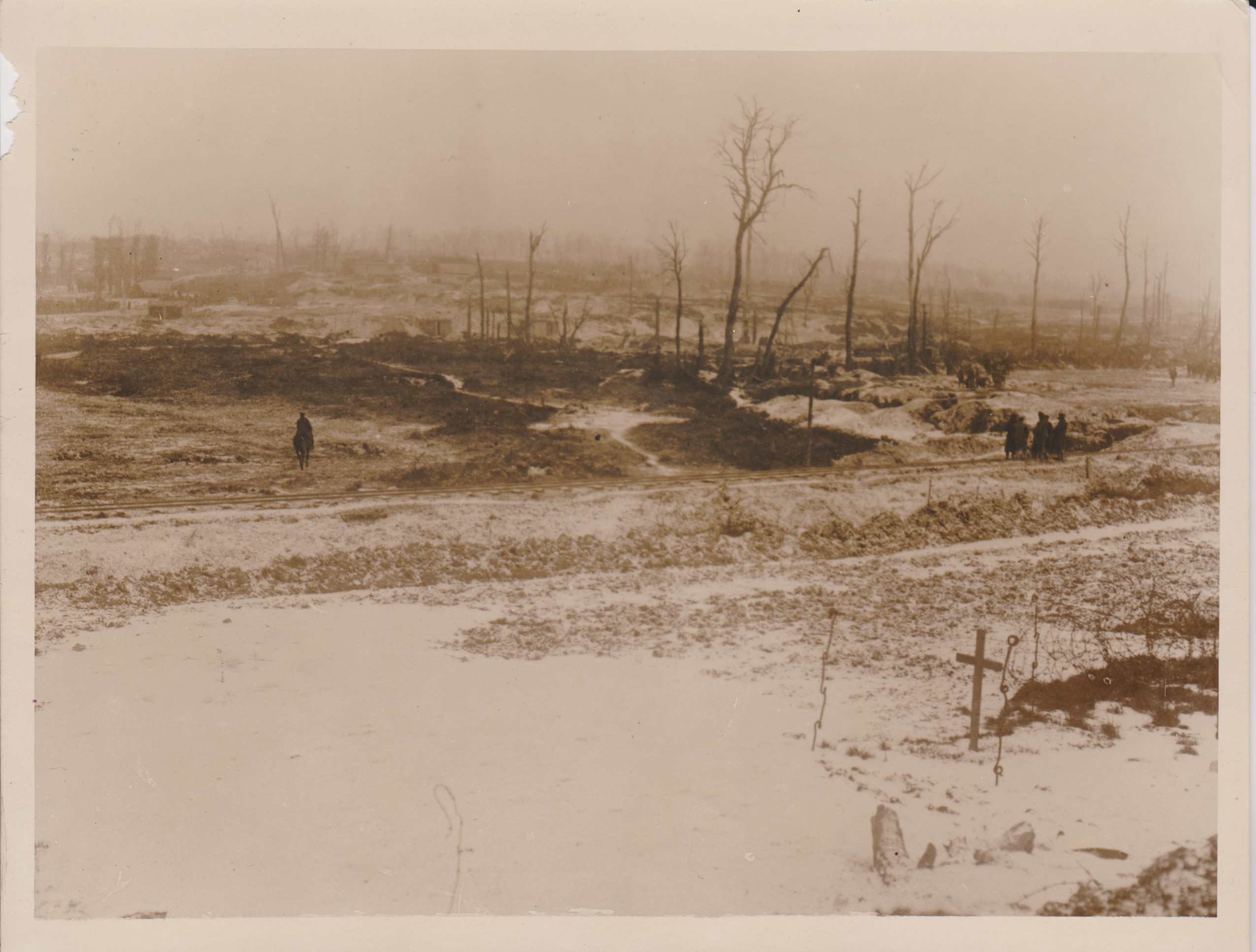 British WWI Press Photograph C.1137. "A scene on the Somme Battlefield in the recent Snowstorm."