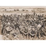 British WWI Press Photograph depicting men of the Leicester Regiment on the Somme having a meal,