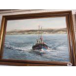 WYM APPLEFORD, signed painting on canvas "Penzance Fishing Boat heading to Sea",