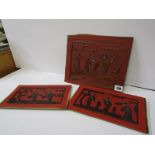 ORIENTAL PANELS, set of 3 carved and lacquered furniture panels