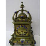 ARTS & CRAFTS MANTEL CLOCK, ornate brass square cased mantel clock with decorative gilt and blue