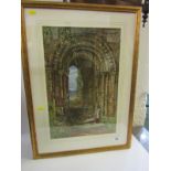 MARGARET RAYNER, signed watercolour "Children gathering Flowers beside an Archway", 18" x 12"
