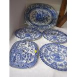 BLUE TRANSFER, set of 3 Spode "Bowl of Flowers" pattern dessert plates, similar serving plate and