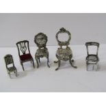 SILVER DOLLS HOUSE FURNITURE, collection of 5 various design chairs