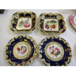 REGENCY PORCELAIN, set of 4 botanical painted royal blue border dessert plates and dishes, pattern