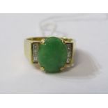 18ct YELLOW GOLD GREEN JADE & WHITE STONE, tests moisonite signet style ring, size M