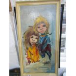 FLORIAN RETRO OIL ON CANVAS, of two children 31" x 15"