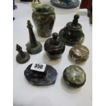 SERPENTINE, collection of 8 pieces of small lighthouses, lidded jars and other tableware