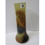 CONTINENTAL GLASS, enamelled 12" cylindrical glass vase decorated with Chateau Sunset
