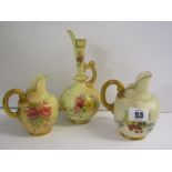 ROYAL WORCESTER, peach ground, 2 gilt handled floral decorated ewer jugs, 1 pattern 1094, together