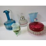 ANTIQUE GLASSWARE, blue satin glass vase, cut glass spherical scent bottle, cranberry glass cream