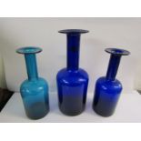 RETRO GLASS, 3 coloured glass bottle flask vases, designed by Otto Brauer