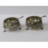 GEORGE II SILVER SALTS, pair of circular silver salts, London 1759 with 2 condiment spoons, 102