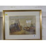 ARTHUR W. PERRY, signed watercolour "Village Scene with Duck Pond and Figures", 9" x 13"
