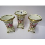 REGENCY PORCELAIN, set of 3 floral painted and gilt heightened vases in Spode style (several