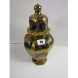 MASONS IRONSTONE, gilt royal blue ground octagonal lidded oriental design vase, 12" height
