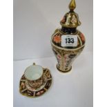 ROYAL CROWN DERBY "Japan" pattern 7" lidded vase; together with similar miniature coffee can and