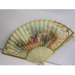 19th CENTURY IVORY FAN, a fine carved and pierced ivory and mother of pearl European fan, painted