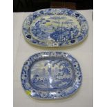 BLUE TRANSFER WARE, 19th Century "Fenced Bamboo Garden" pattern 18" meat plate a/f; also "Country