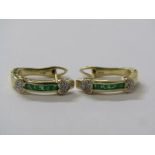 PAIR OF 9ct YELLOW GOLD EMERALD & DIAMOND HINGED HOOP EARRINGS