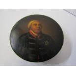 ANTIQUE PAPIER MACHE CIRCULAR LIDDED VANITY BOX, painted with Royalty portrait on lid, 4" dia