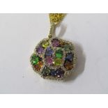 14ct GOLD MULTI COLOURED SAPPHIRE PENDANT AND CHAIN, rainbow of sapphire of colours, including