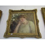 EDWARDIAN ENGLISH SCHOOL, "Portrait of Young Lady with White Roses", 19.5" x 20"