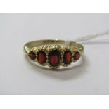 9CT YELLOW GOLD VINTAGE STYLE 5 STONE GARNET RING, size R
