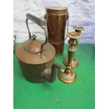 METALWARE, Victorian copper oval based kettle, cylindrical swing handled food pail and pair of