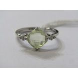 9ct WHITE GOLD CUSHION CUT YELLOW GREEN STONE, possibly citrine with accent diamonds to each