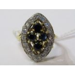 18ct YELLOW GOLD SAPPHIRE & DIAMOND CLUSTER, marquise shaped cluster, 4 principal brilliant cut