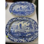BLUE TRANSFER, "Country Church" matched pair of 18" pottery meat plates