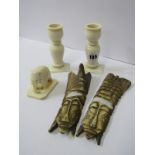 ANTIQUE IVORY, pair of 4" dressing table candlesticks, carved Elephant paperweight and pair of