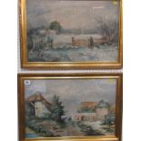 J. MORRIS, pair of signed watercolours dated 1866 London, "Farm Scenes with Windmill", 14" x 21"