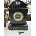 VICTORIAN BLACK MARBLE MANTEL CLOCK, inlaid and engraved details with gilt clock face and key,
