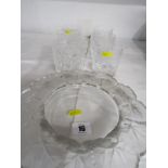 LALIQUE, leaf bordered 8" dish a/f, diamond point signature and set of 6 Stuart floral cut glass