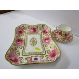 DAVENPORT, rose bordered gilt shaped rectangular serving dish with similar cabinet cup and saucer