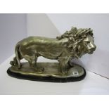 SCULPTURE, veined marble base plated sculpture of Standing Lion, 12" height, 19" length