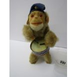CLOCKWORK TOY, fabric covered Monkey Drummer with key, 7.5" height
