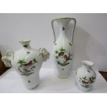 HEREND, collection of 3 bird decorated vases, including twin rams head handled 10" vase, model no